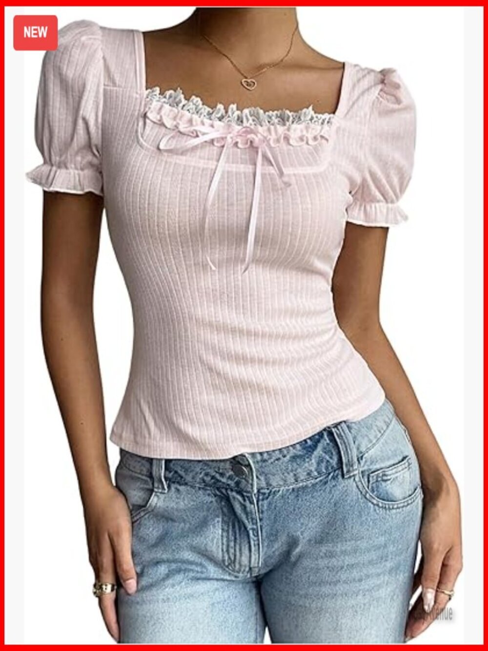 Lace Puff Sleeve Square Neck Tie Front Tops Y2k Ribbed Knit Tee